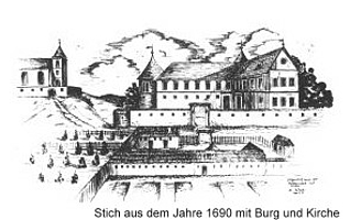 Burg und Kirche im Jahr 1690